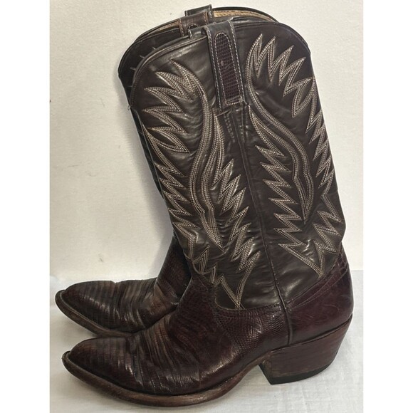 Vintage Dan Post Boots Mens 8.5 Teju Lizard Skin Brown Cowboy Western 6834 - Picture 3 of 12